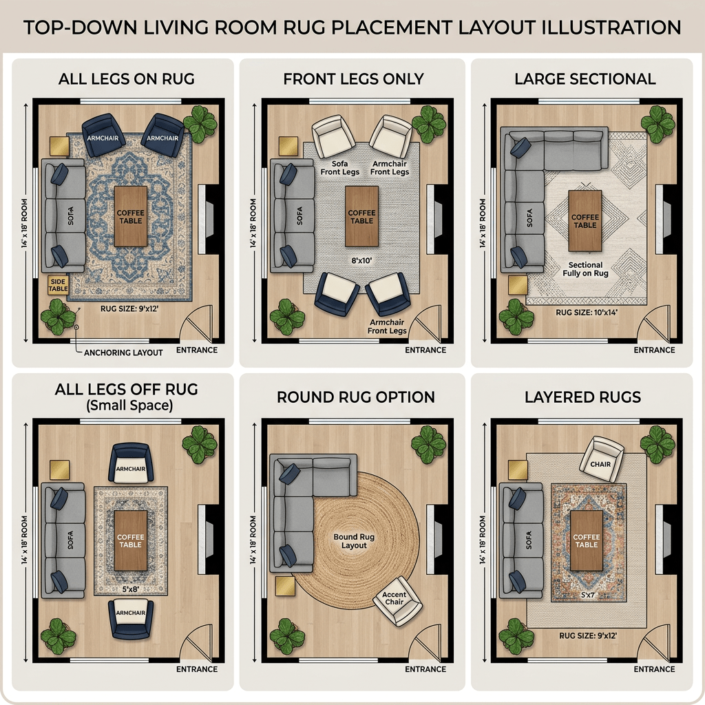 Top-down layouts showcasing different rug placement options in a living room with sofa, armchairs, coffee table, and plants.