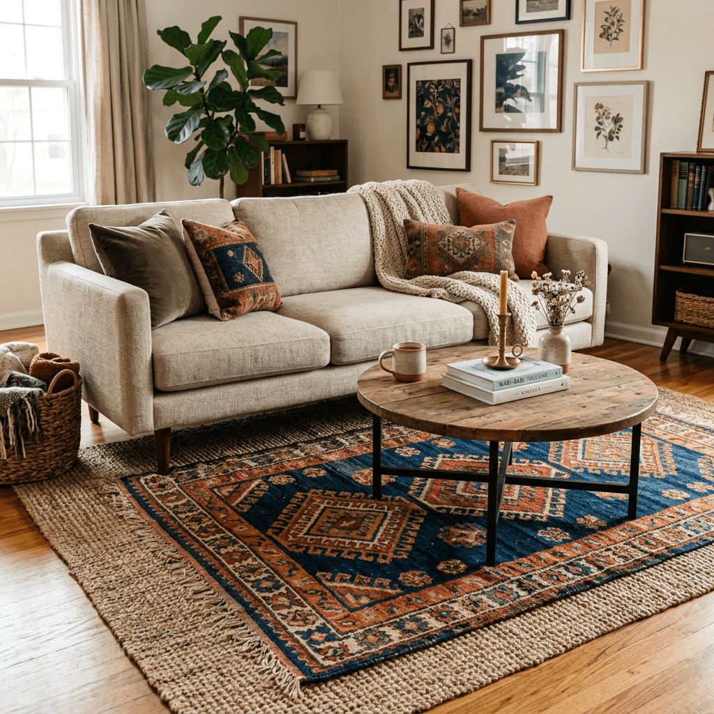Beige sofa with patterned pillows and knit throw, wooden round coffee table on layered rugs
