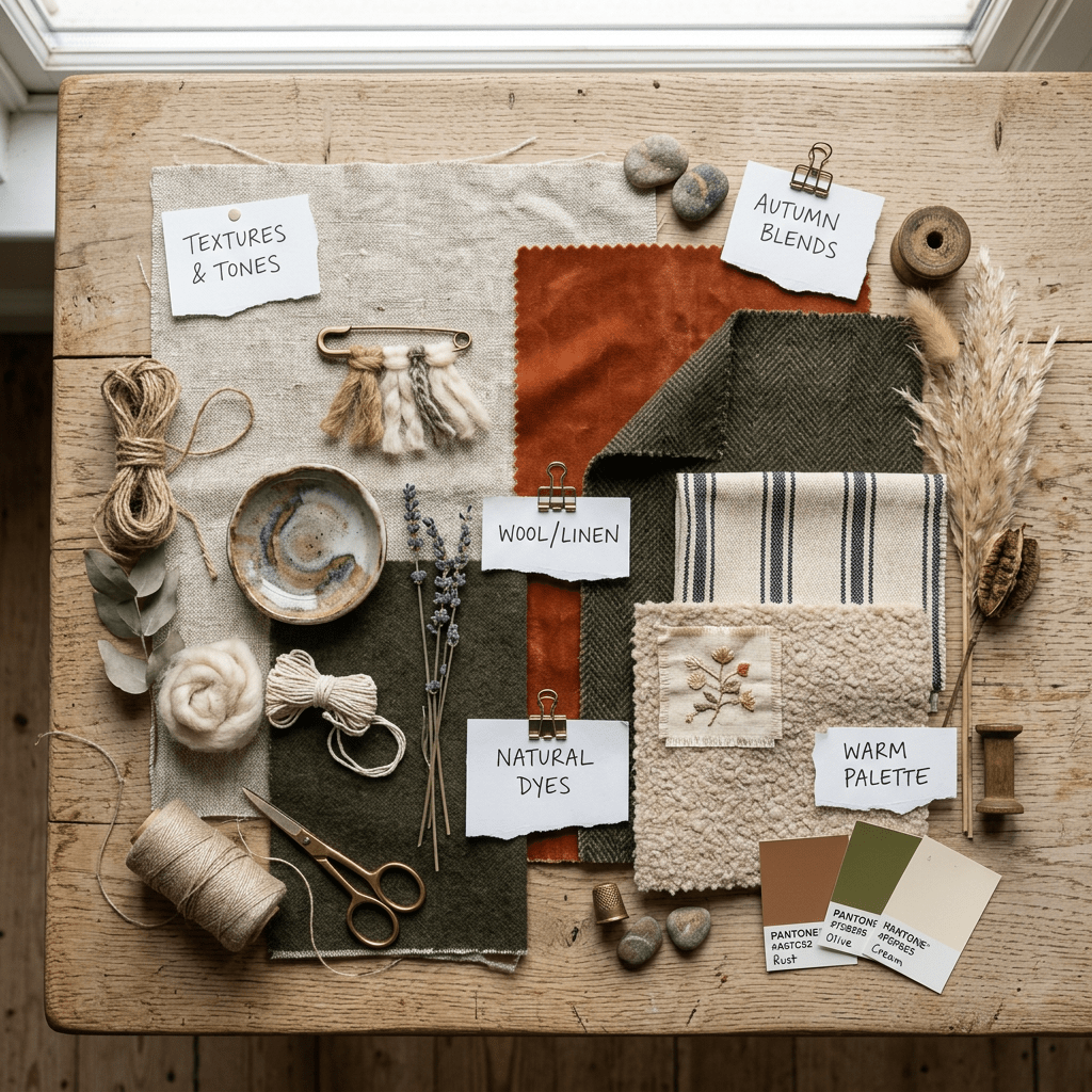 Fabric swatches, natural dyes, crafting tools, and autumn color palette