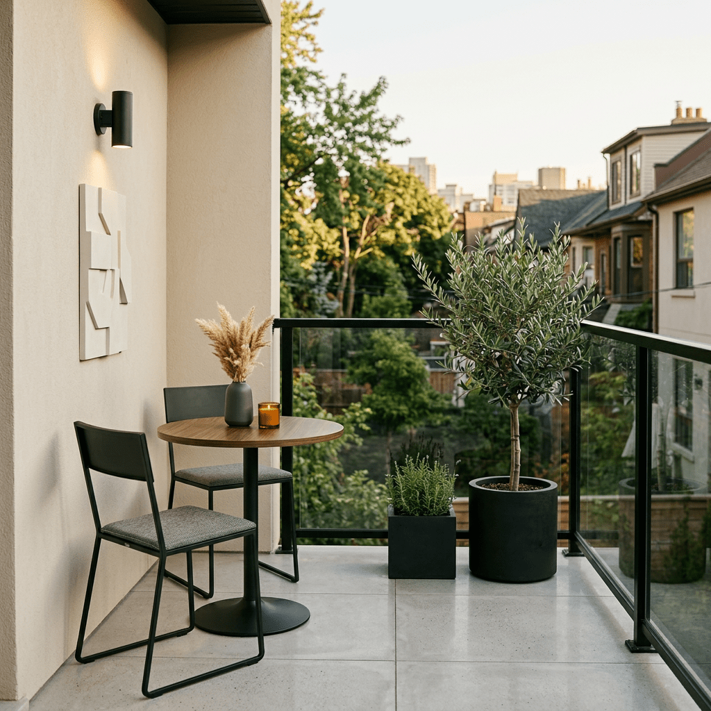 Small balcony with round wooden table, two black chairs, and two potted plants with view of trees and houses
