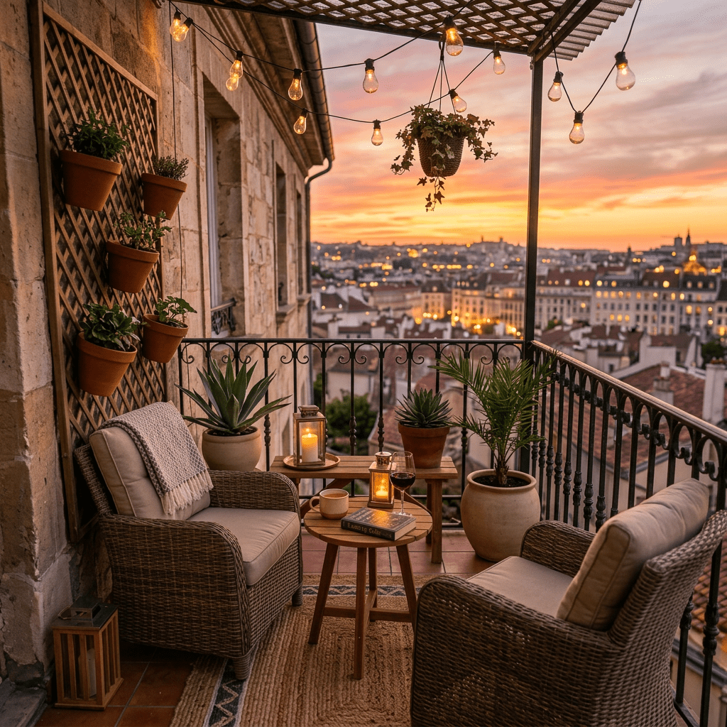 Balcony with plants, string lights, chairs, and cityscape at sunset