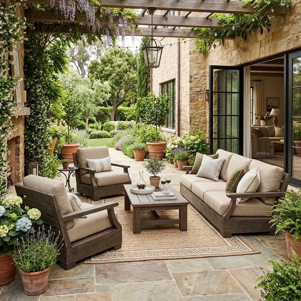 Elegant first-floor patio with bulky refined furniture