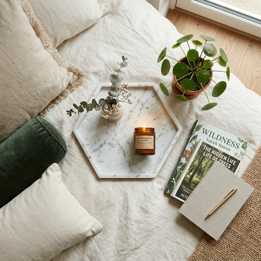 Burning sandalwood candle on marble tray with potted plant, books, and pillows
