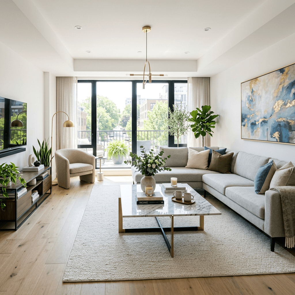 Bright modern living room with sectional sofa, coffee table, plants, and large sliding glass doors to balcony