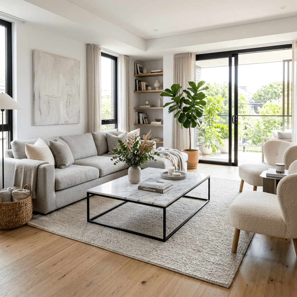 Modern living room with beige sofa, marble coffee table, plants, and large windows