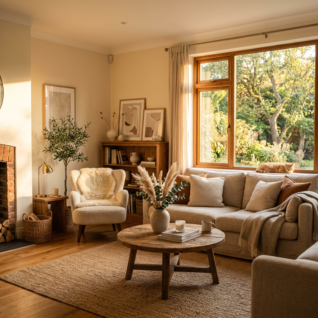Living room with beige sofa, armchair, wooden coffee table, decorative plants, and a cat on the window sill