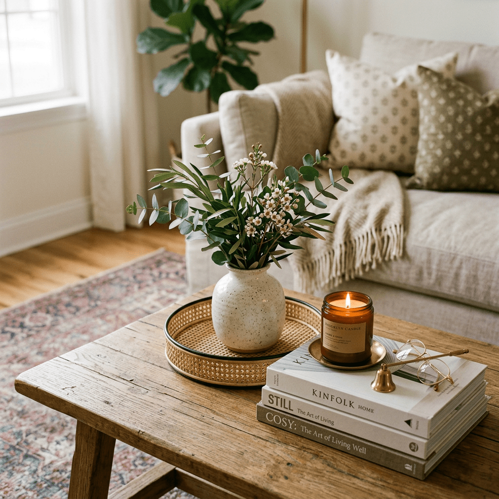 Coffee table with stacked books, lit candle, and ceramic vase with flowers
