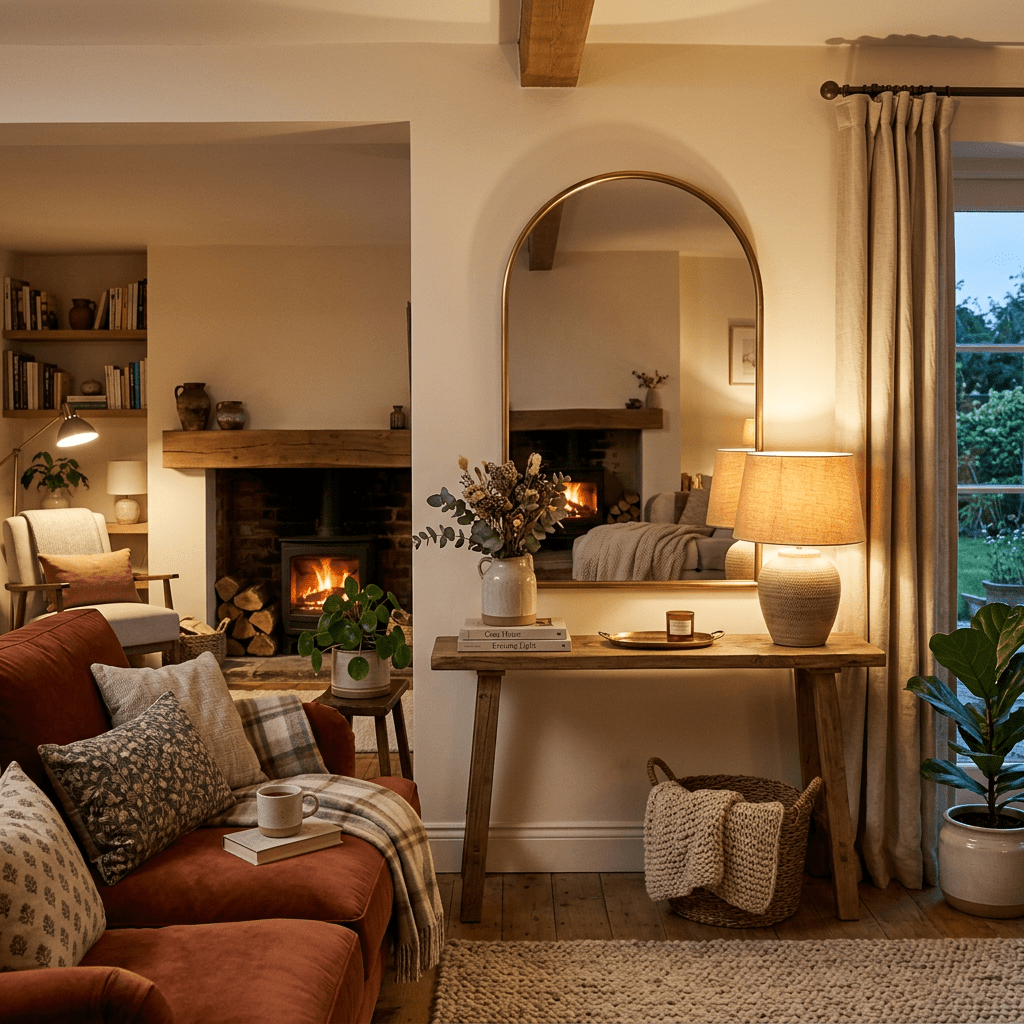 Living room with burning fireplace, rust-colored sofa, wooden table with lamp and mirror
