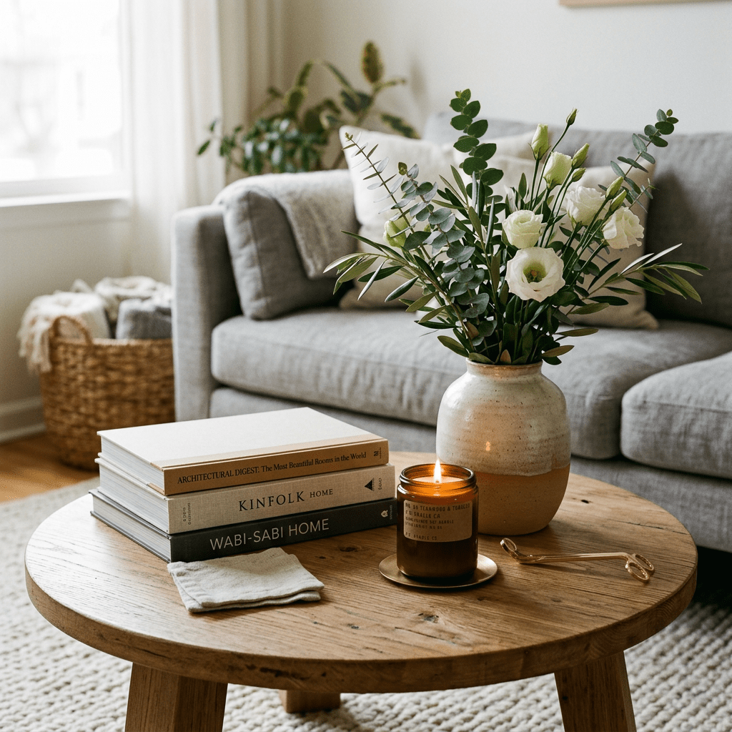 Wooden table with stacked books, a lit candle, and a vase of white flowers in a cozy living room