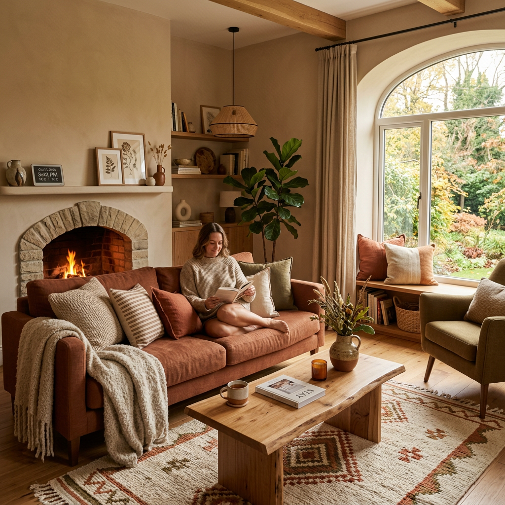 Woman sitting on a brown sofa reading a book by a lit fireplace in a warm, cozy living room with autumn decor