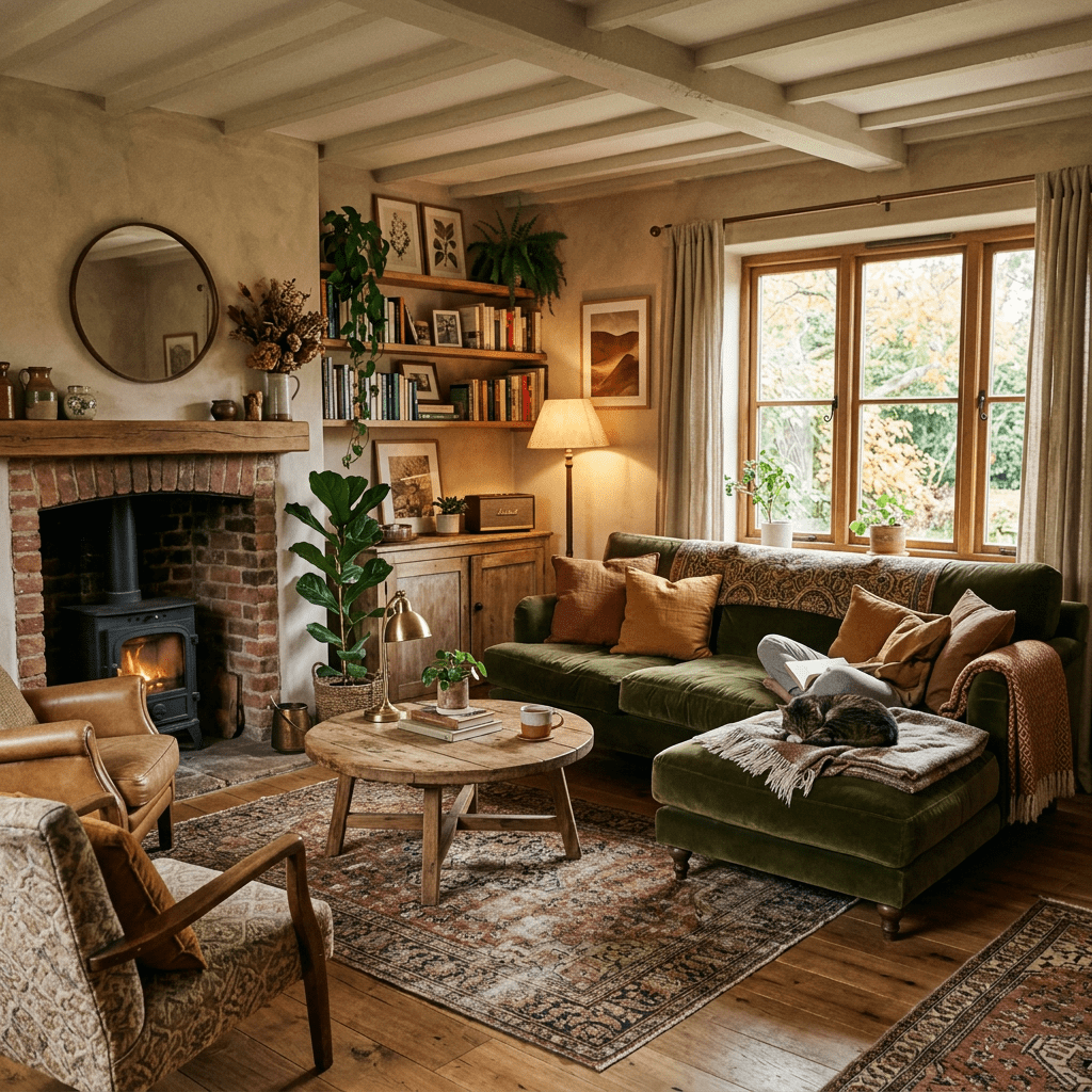 Cozy 2026 earthy toned vintage living room