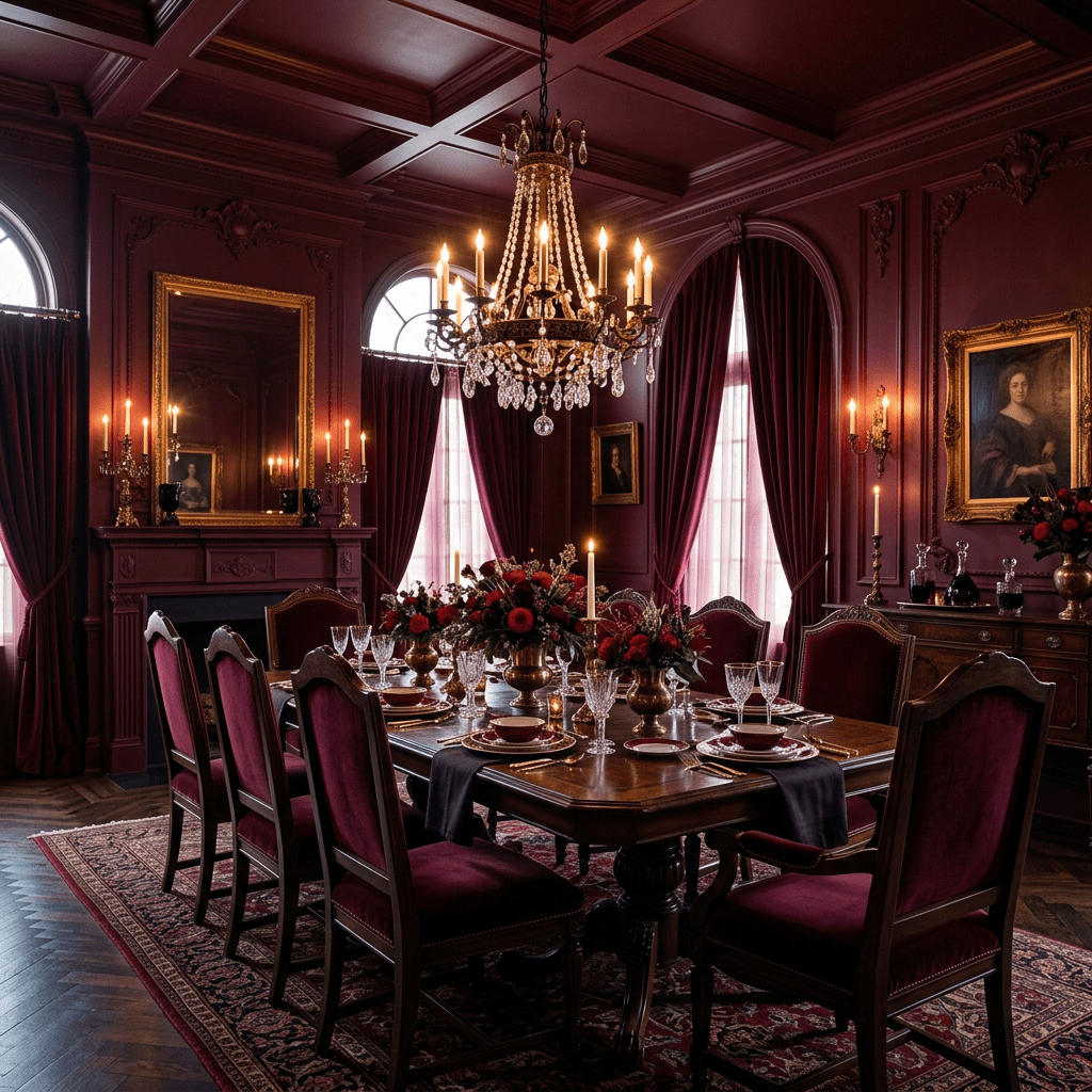 Vintage dining room with crystal chandelier, red velvet chairs, and a set dining table