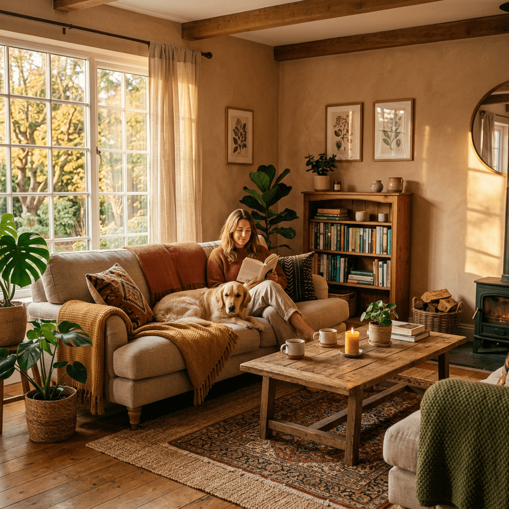 Woman reading book on couch with dog in cozy living room