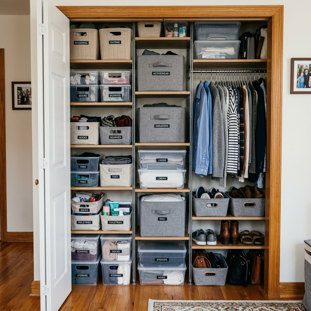 Closet with labeled storage bins and hanging clothes organized by category