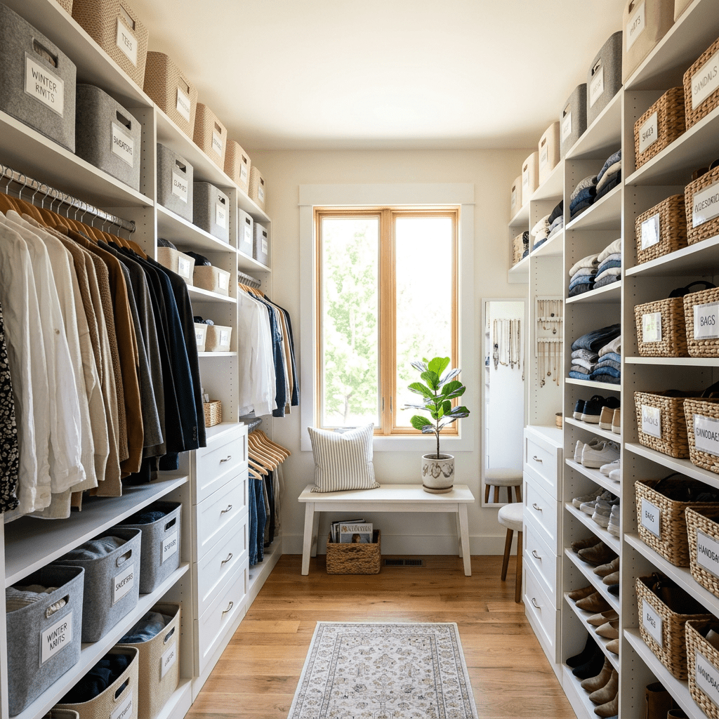 Walk-in closet with neatly hung clothes, labeled storage bins, shelves with folded clothes and shoes, and a window seat with a potted plant
