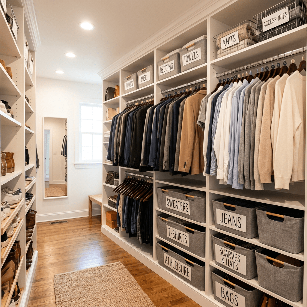 Walk-in closet with hanging clothes and labeled storage bins