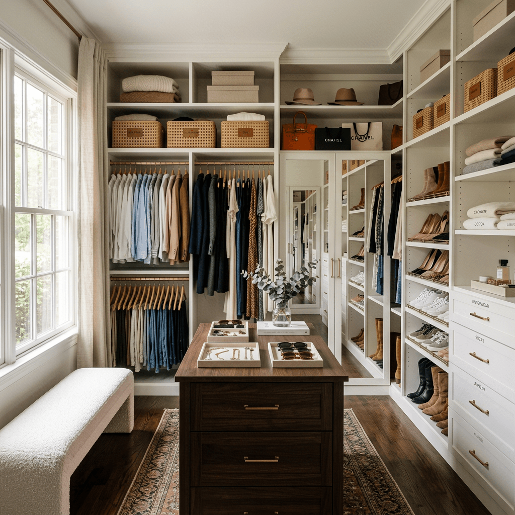 Walk-in closet with neatly arranged clothes, shoes, hats, and bags