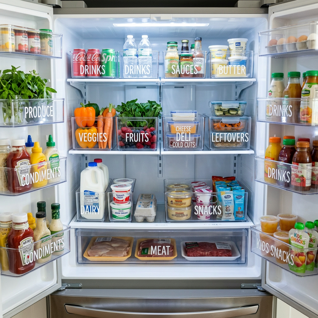 Refrigerator interior with labeled clear bins organizing drinks, sauces, butter, produce, veggies, fruits, cheese, deli, leftovers, dairy, snacks, meat, condiments, and kids snacks