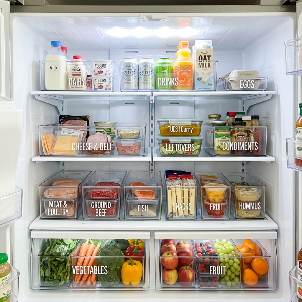 Open refrigerator with labeled storage bins for milk, dairy, yogurt, drinks, eggs, cheese, deli, leftovers, condiments, meat, ground beef, fish, snacks, fruit, hummus, vegetables
