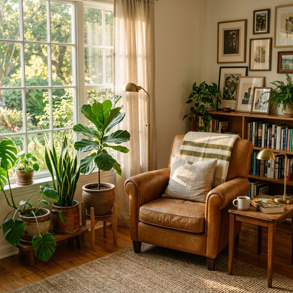 Leather armchair with pillow and blanket next to houseplants and bookshelf