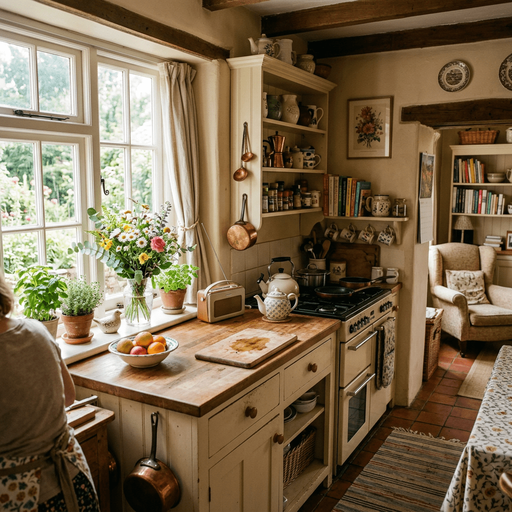 Rustic kitchen with wooden countertop, potted plants, flowers, stove, and shelves with dishes and cookbooks