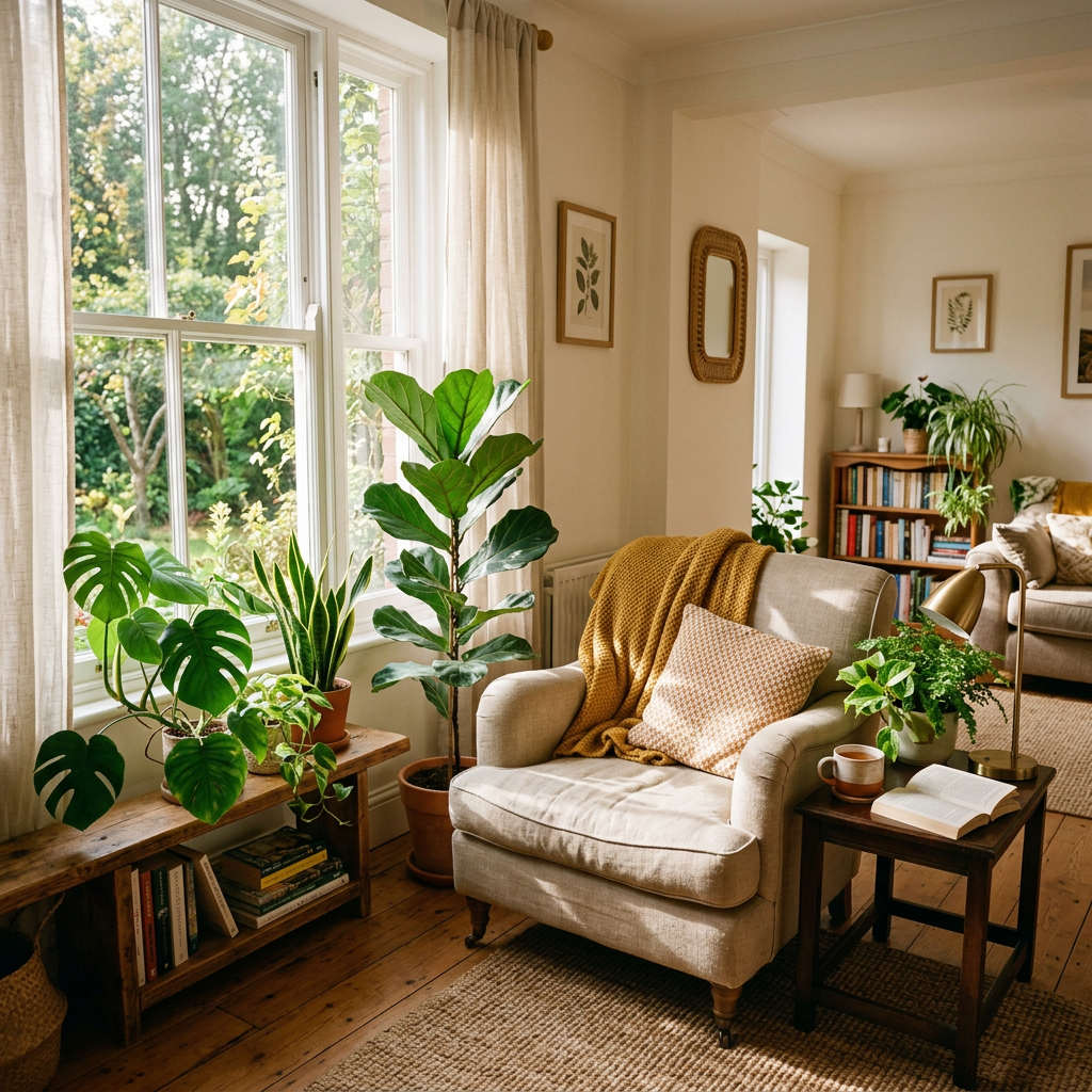 Living room corner with armchair, plants, wooden floor, and window letting in sunlight