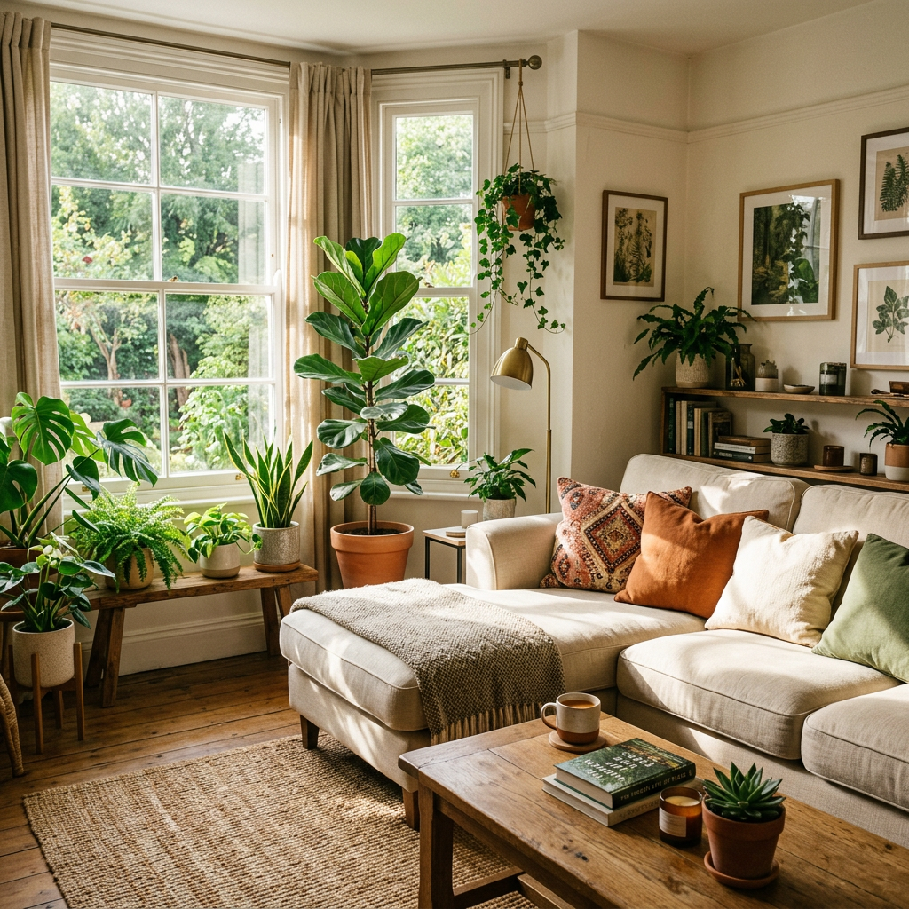 Bright living room with beige sofa, colorful cushions, wooden furniture, and numerous indoor plants