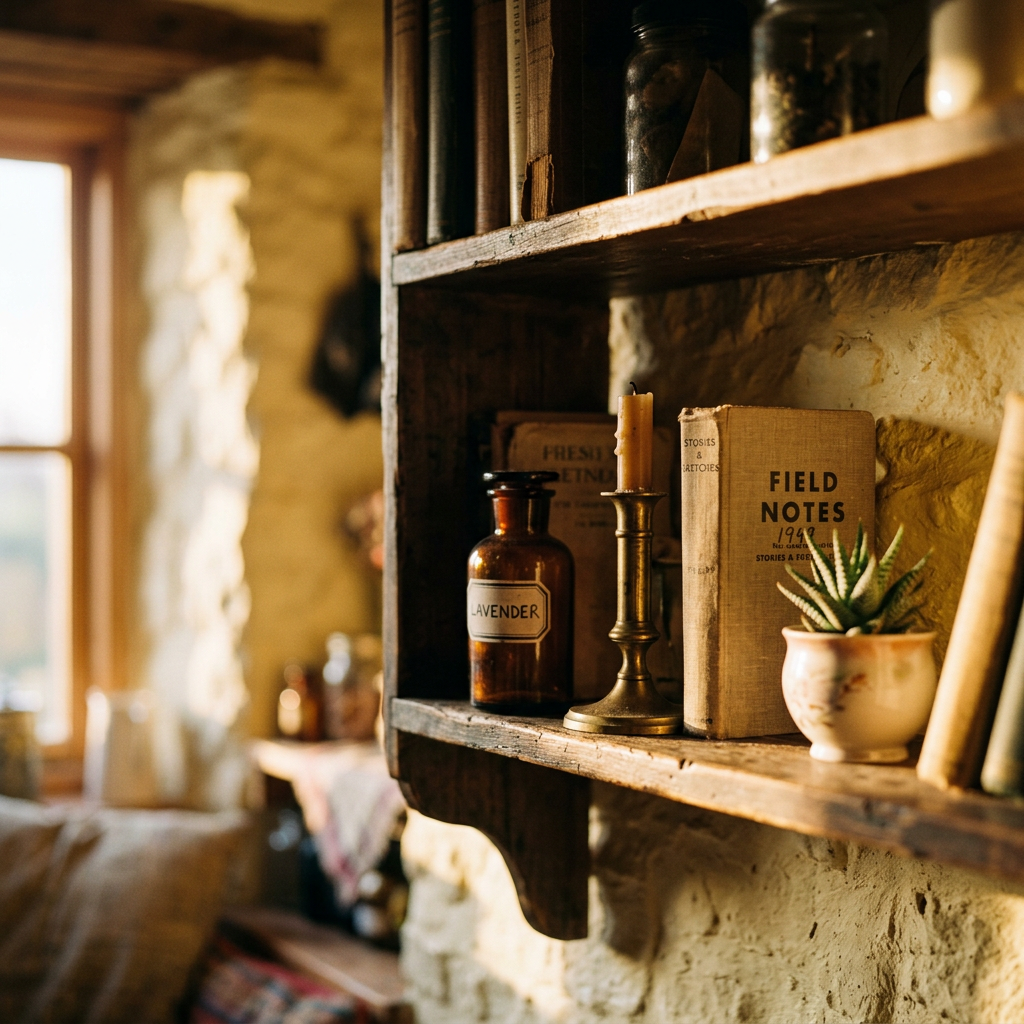 Wooden shelf holding books, a brass candleholder with candle, a brown bottle labeled lavender, and a small potted succulent