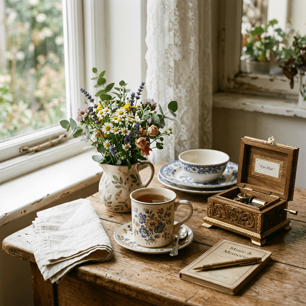 Floral teacup with tea, a vase of wildflowers, vintage music box labeled "Für Elise", and a notebook with pen on wooden table