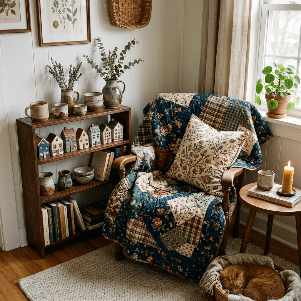 Armchair draped with floral patchwork quilt and pillow beside wooden shelf with pottery and mini house decor, cat sleeping in basket on floor