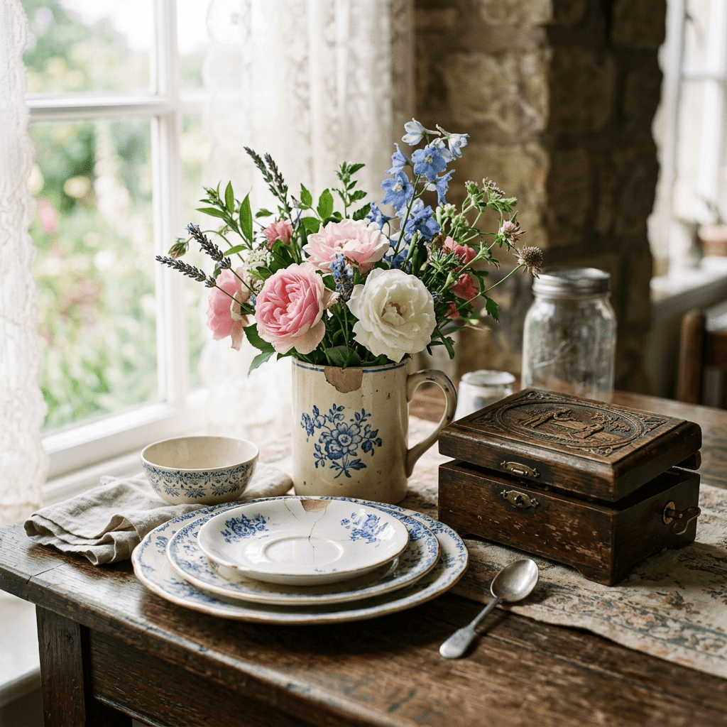 Table with vintage blue floral china, fresh flowers in a pitcher, wooden box, and a spoon