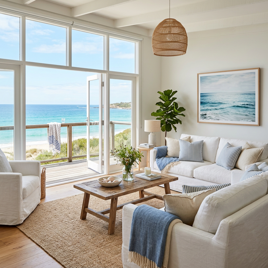 Living room with white sofas, wooden coffee table, and large glass doors revealing ocean view