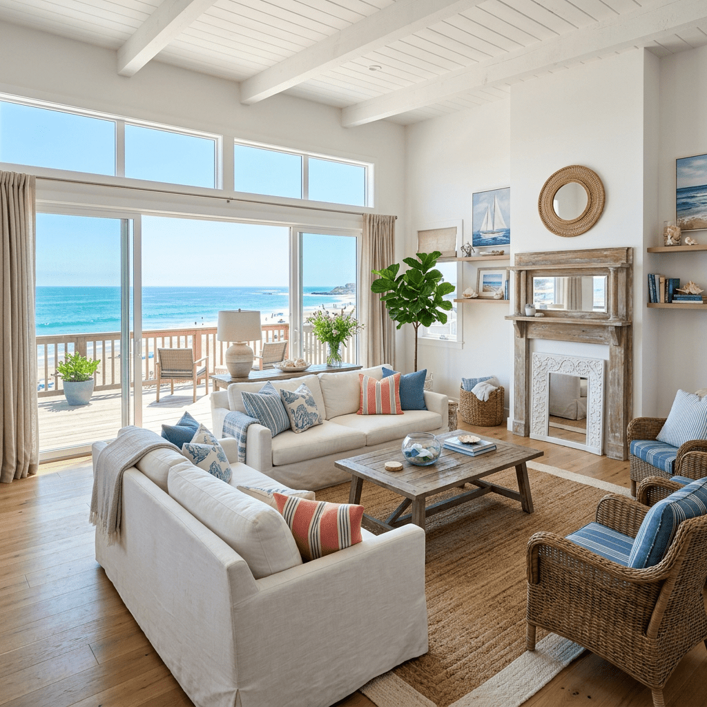 Living room with white sofas, wicker chairs, wooden coffee table, and large sliding glass doors showing ocean view