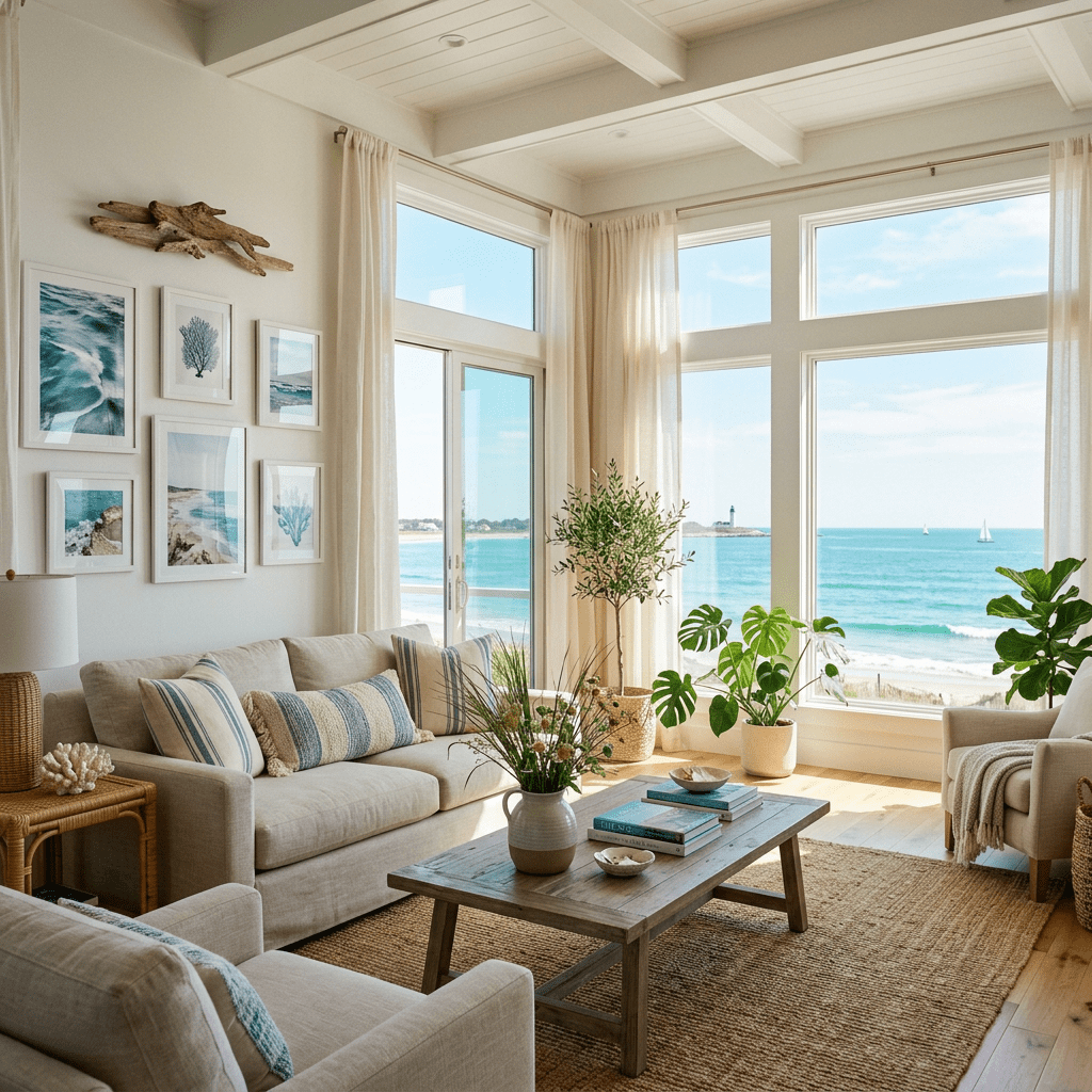 Living room with beige couches, wooden coffee table, plants, and ocean view through large windows