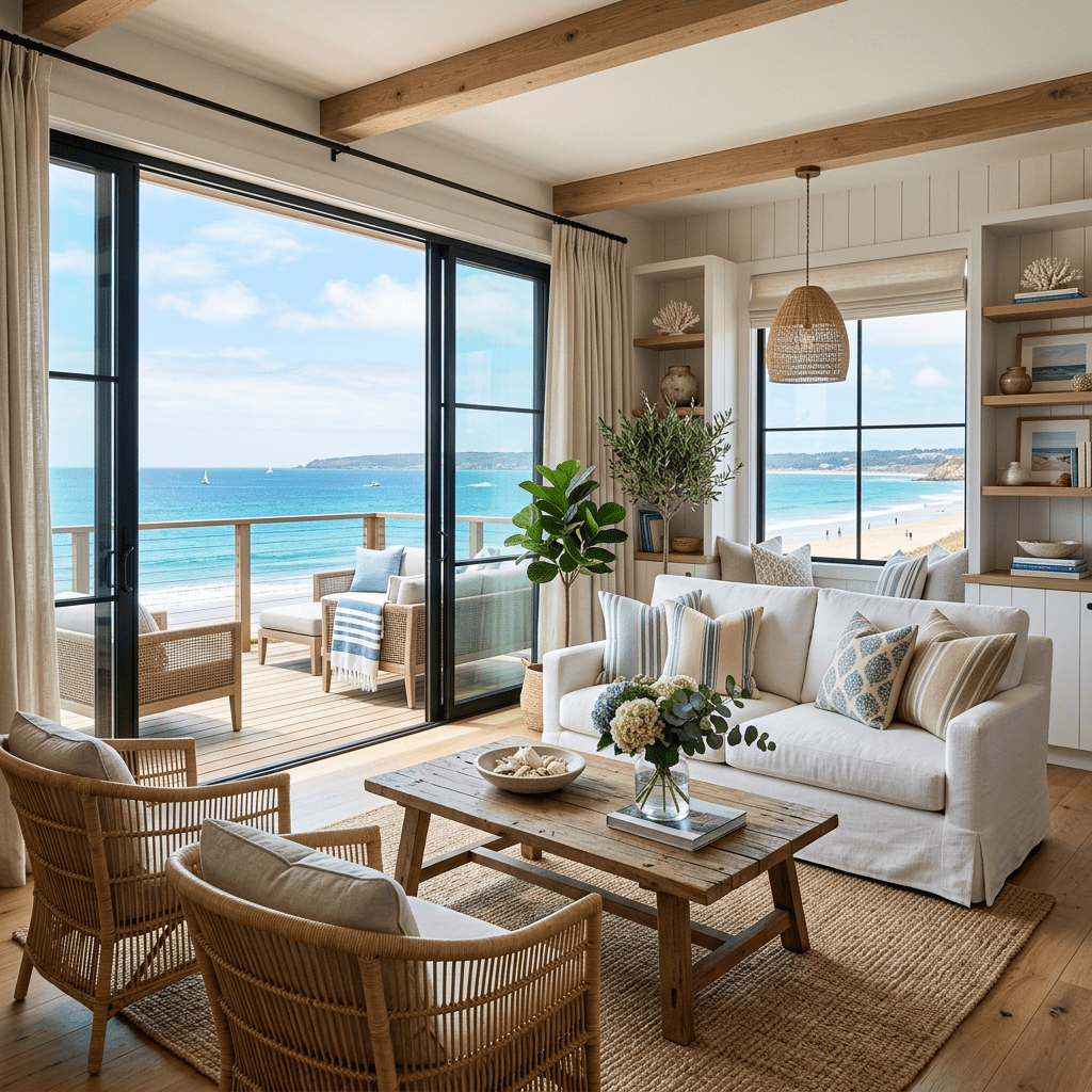 Coastal living room with wicker chairs, white sofa, wooden coffee table, and ocean view through large sliding glass doors