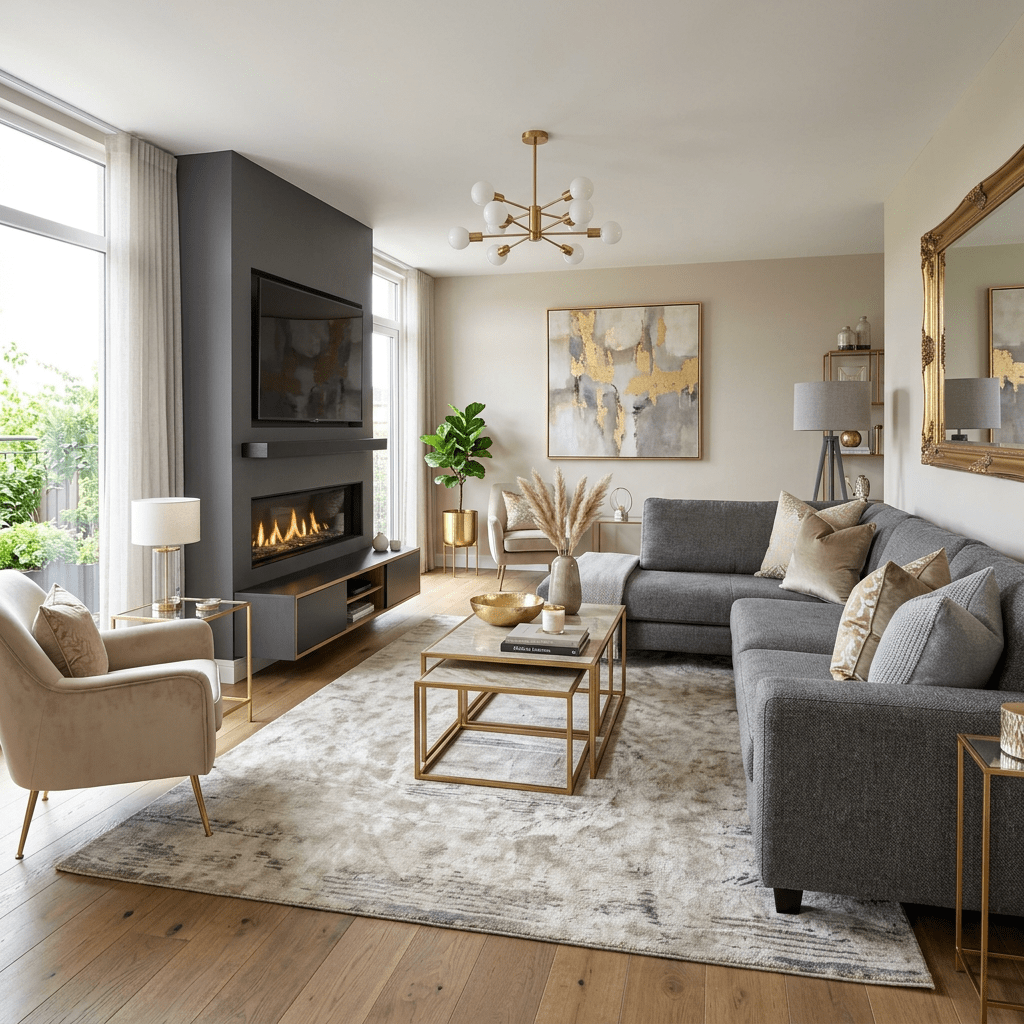 Living room with gray sectional sofa, beige armchair, gold-accented coffee tables, and fireplace