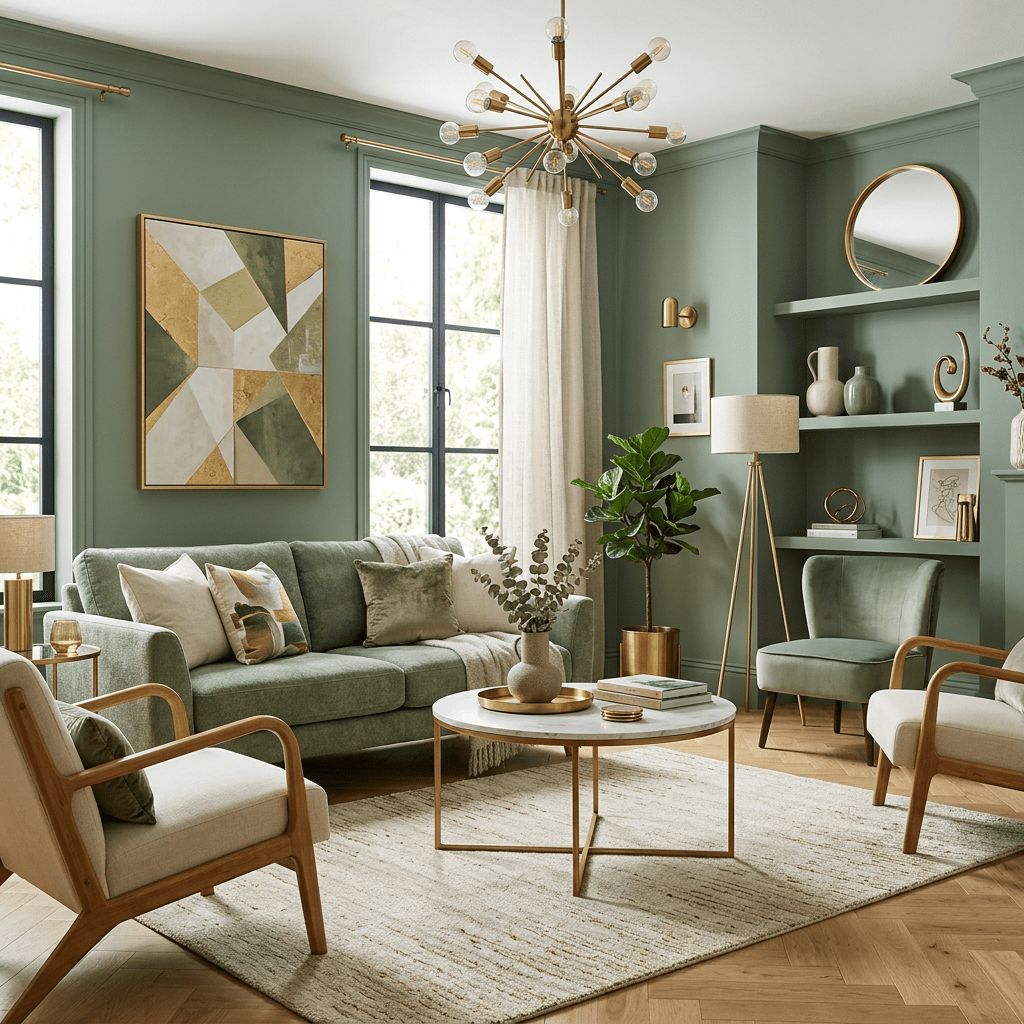 Living room with green walls, green sofa, armchairs, round coffee table with decor, and gold-accented chandelier