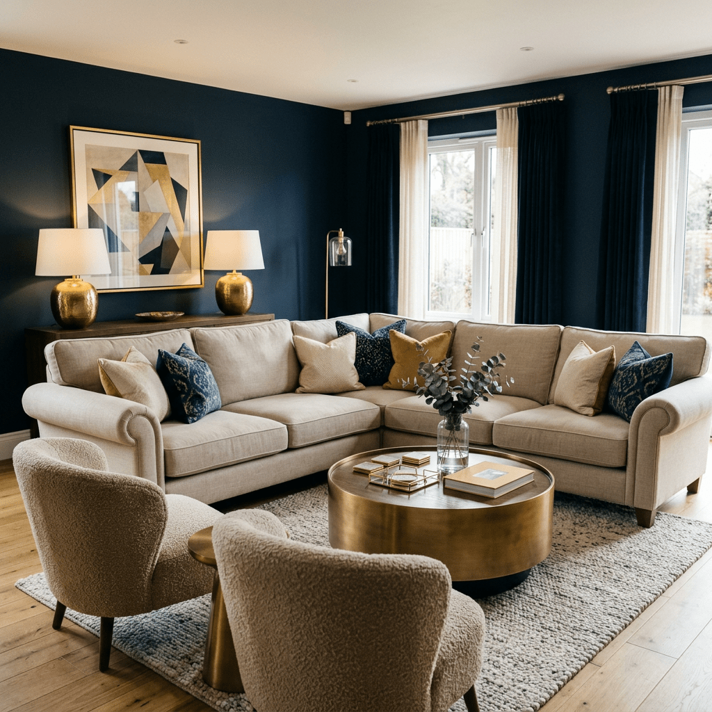 Beige sectional sofa with decorative pillows in a living room with dark blue walls and gold-accented coffee table
