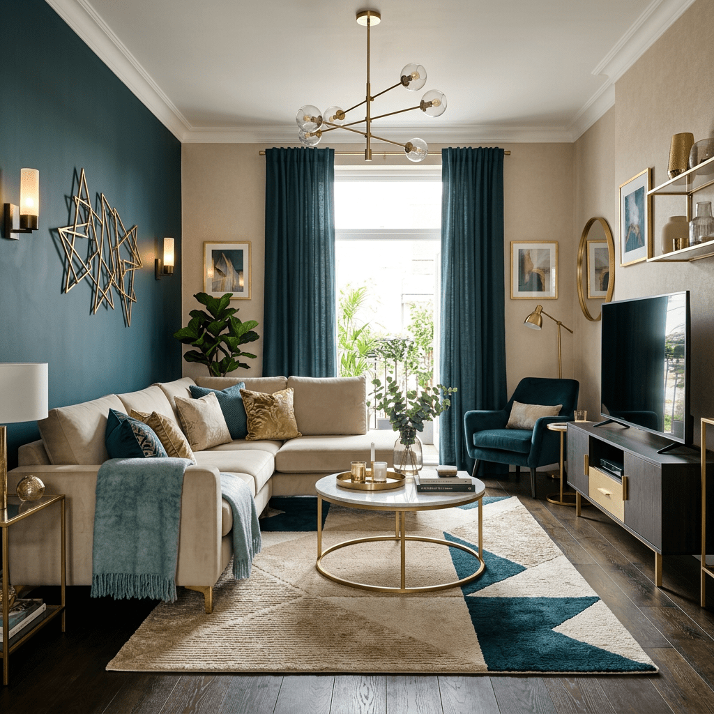 Modern living room with beige sectional sofa, teal accent wall, and gold decor