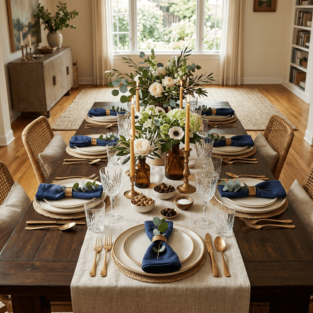 Dining table set with plates, blue napkins, gold cutlery, glassware, candles, and floral centerpieces