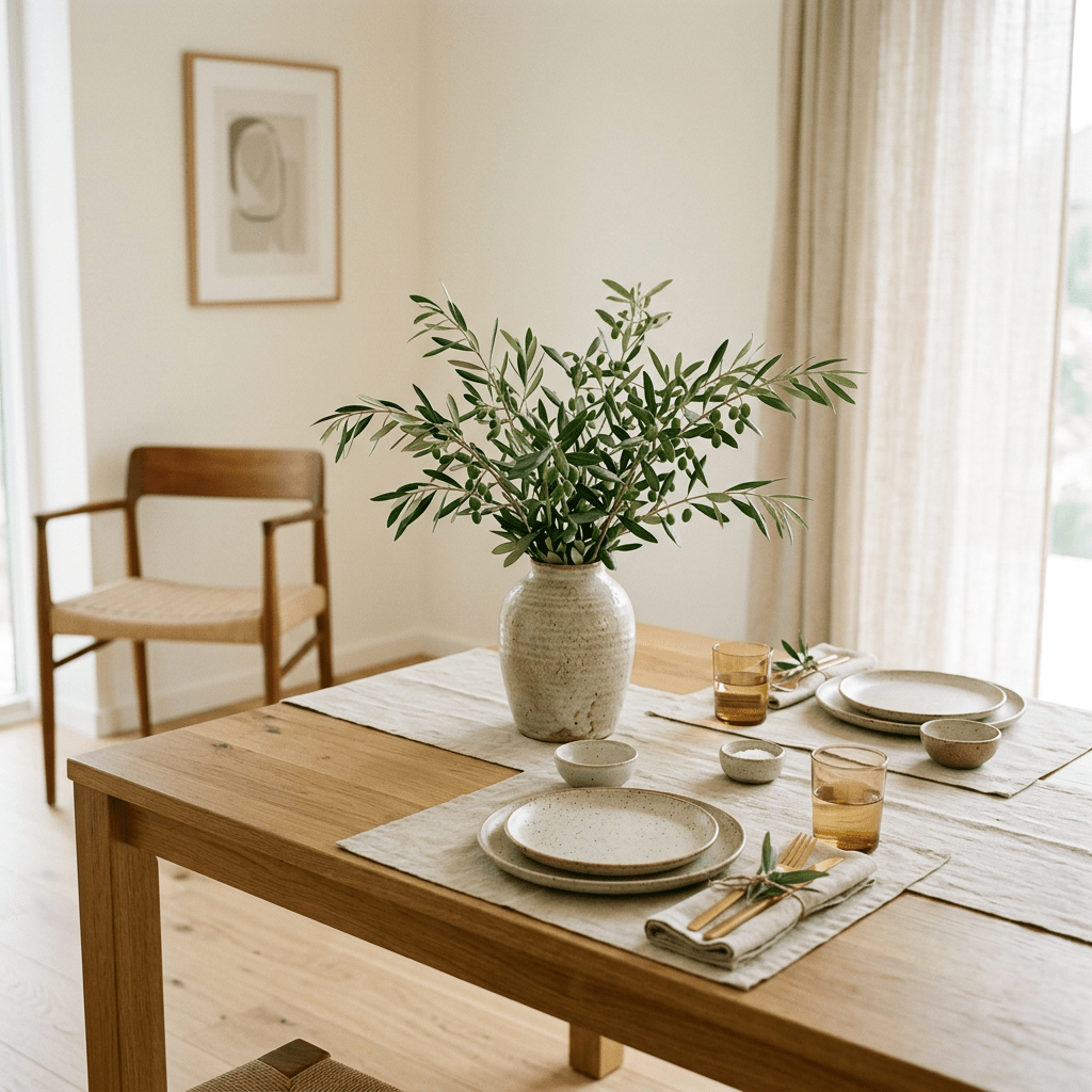 Dining table with ceramic plates, bowls, glasses, gold cutlery, linen napkins, and a vase with green leafy branches