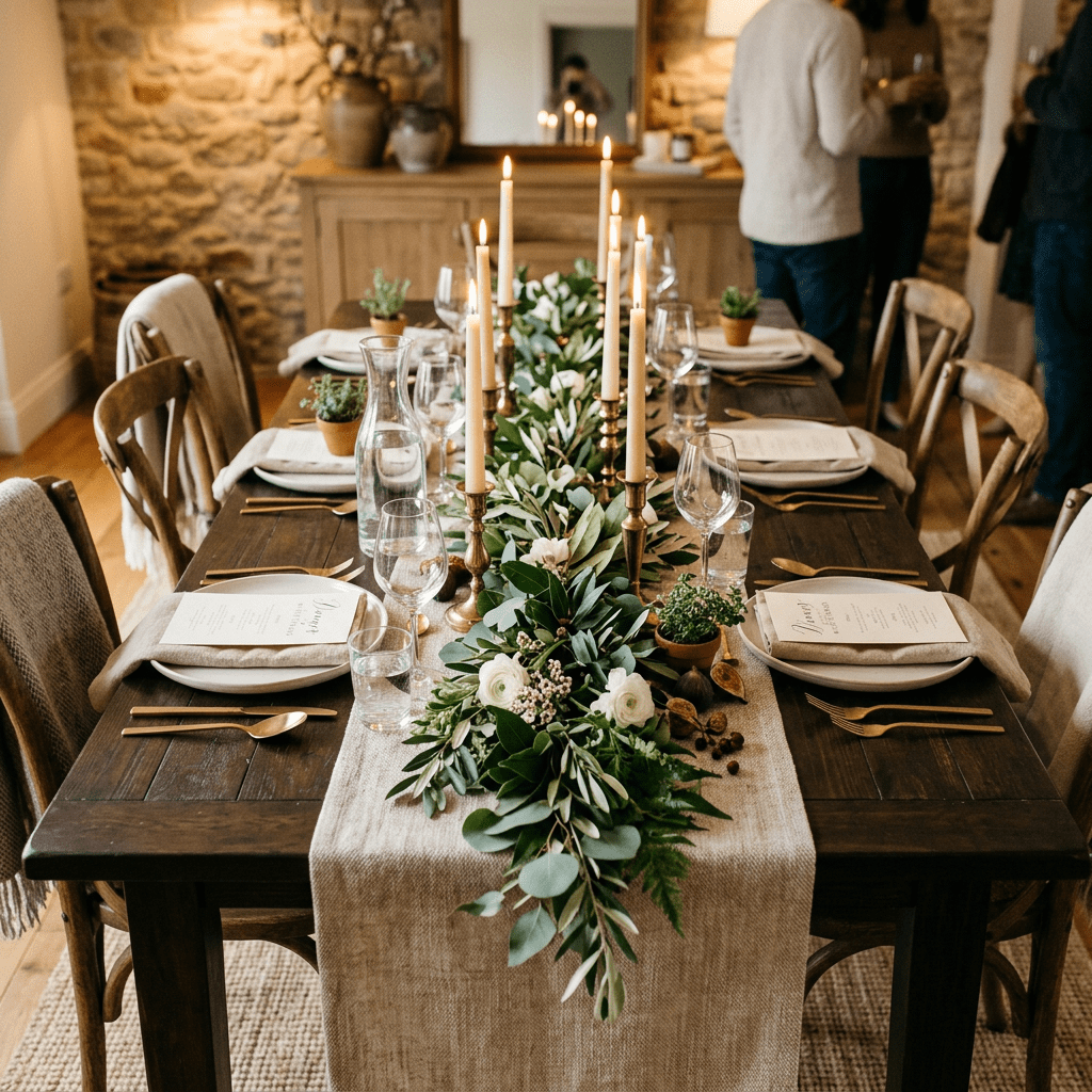 Rustic dining table set with candles, greenery, plates, and glassware.