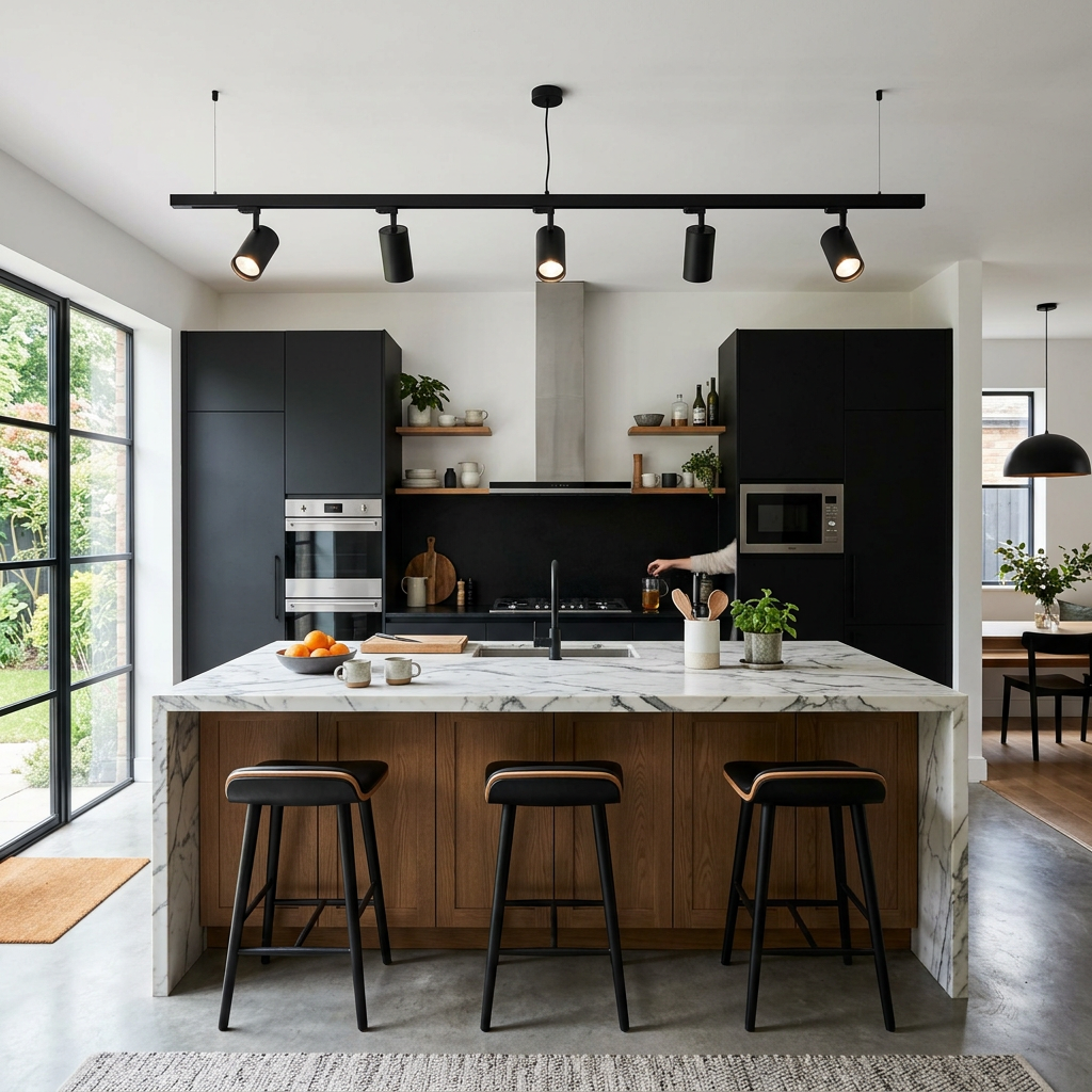 Modern kitchen with marble island, three stools, black cabinets, and stainless steel appliances