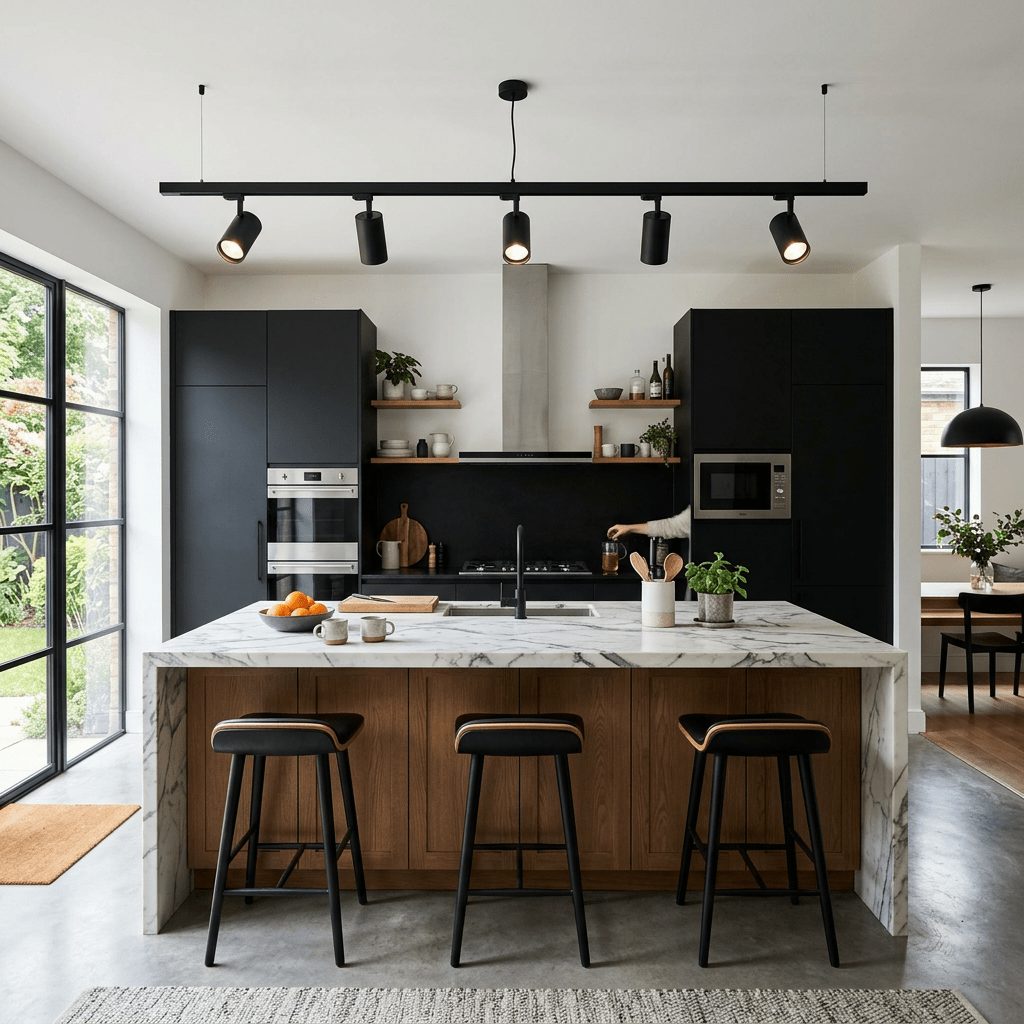 Modern kitchen with marble island, three stools, black cabinets, and stainless steel appliances