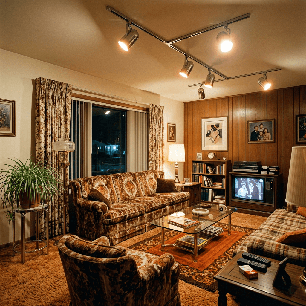 1970s living room with patterned sofa, armchair, glass coffee table, wood paneling, and old TV