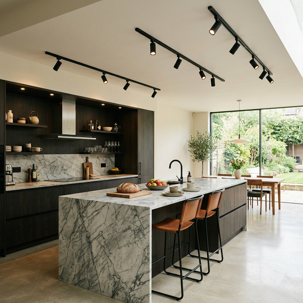 Modern kitchen with marble island, leather stools, dark cabinetry, and a large window showing garden.