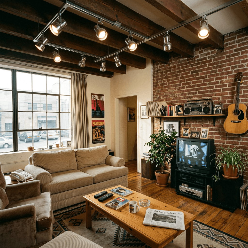 Living room with beige couch, coffee table, vintage TV showing MTV, brick wall with guitar and shelves