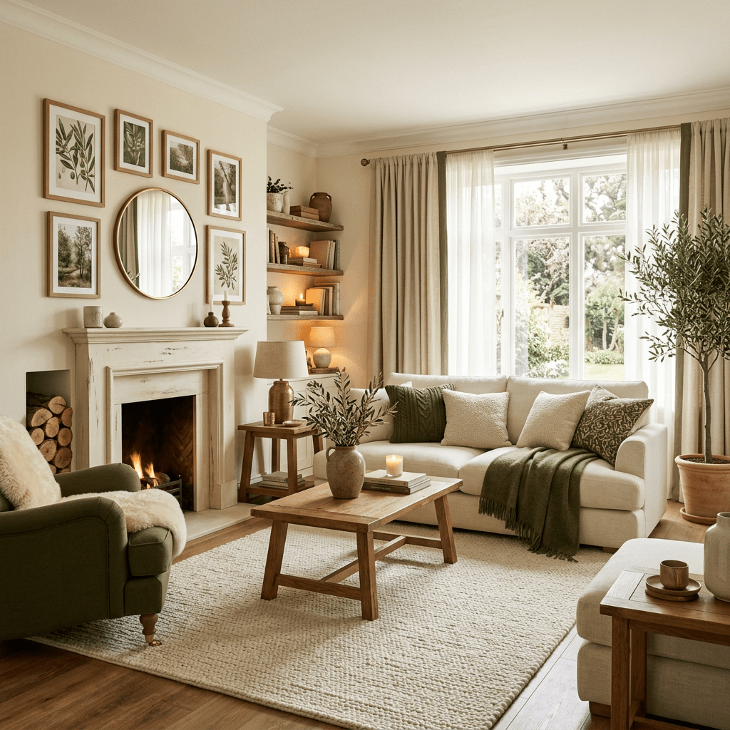 Living room with fireplace, beige sofa, green armchair, wooden coffee table, and botanical artwork