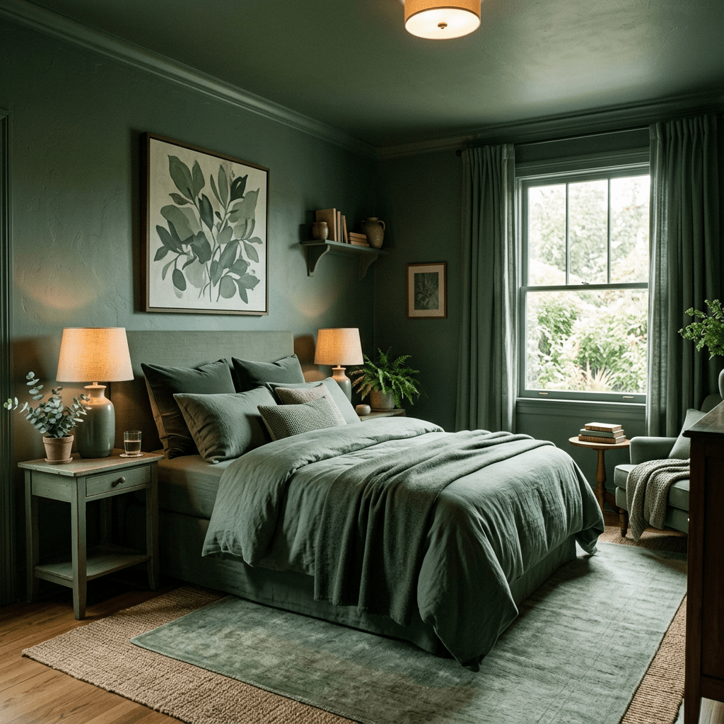 Bedroom with green walls, bedding, and curtains featuring plants and wooden furniture