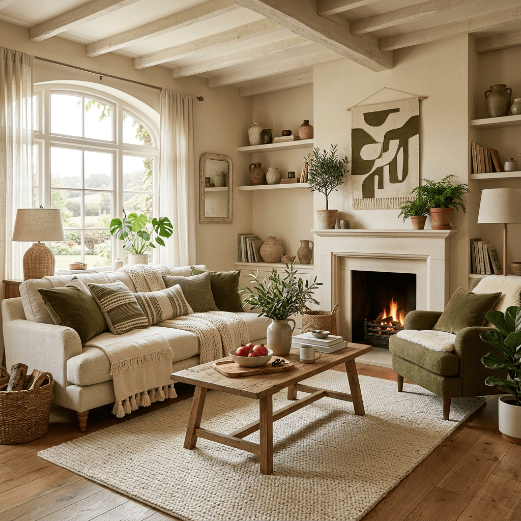 Living room with beige sofa, green armchair, wooden coffee table, lit fireplace, and plants
